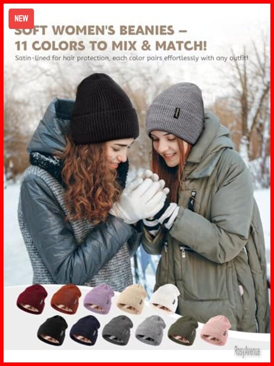 Satin Lined Beanie 3 Pack - Silk Lined Winter Hats, Cable Knit Skull Cap for main image 5